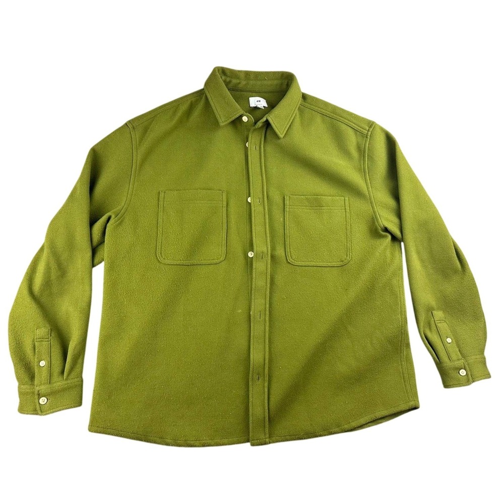 H&M Shirt Jacket Men XXL Green Relaxed Fit Button Down‎ Thick Heavy Long Sleeve